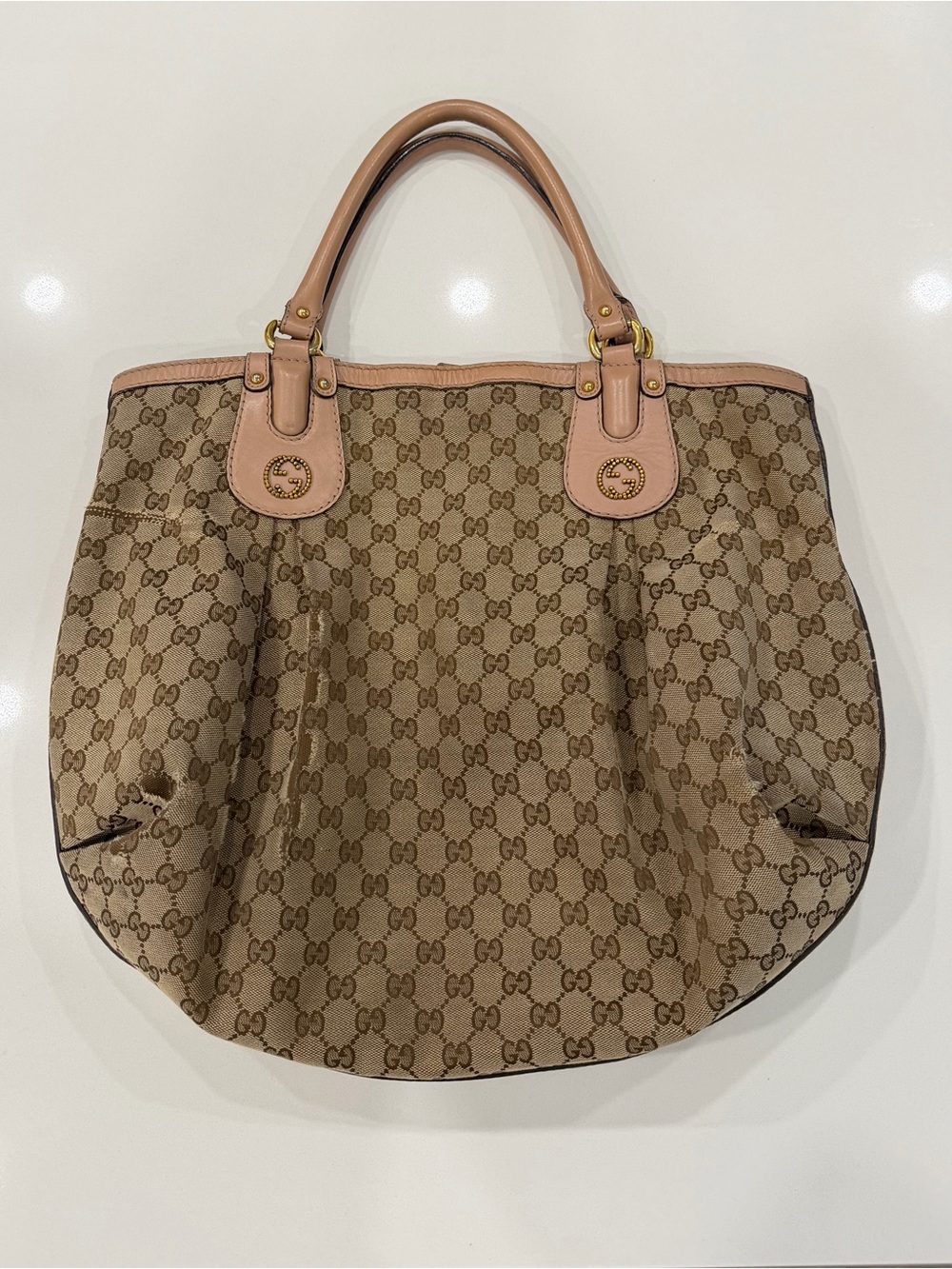 Gucci Brown GG Canvas Tote with Pink-Tan Leather Trim